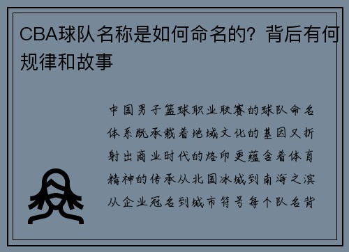 CBA球队名称是如何命名的？背后有何规律和故事