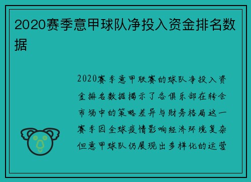 2020赛季意甲球队净投入资金排名数据
