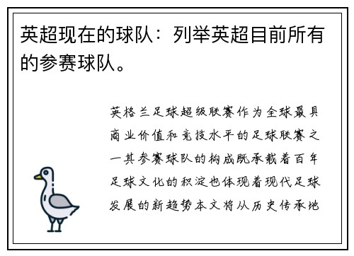 英超现在的球队：列举英超目前所有的参赛球队。